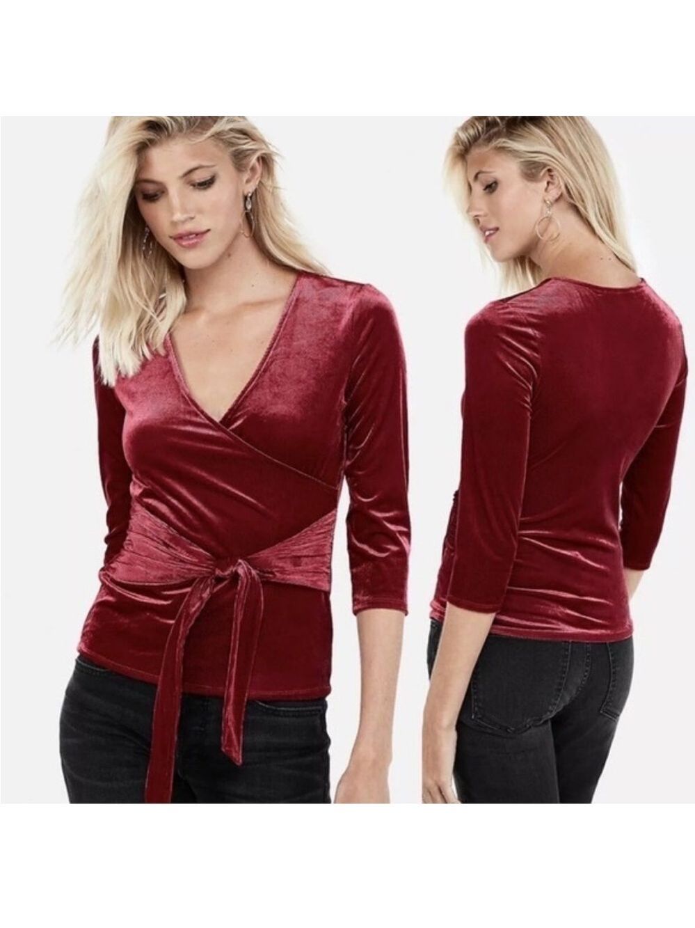 NWT Express Deep Wine Red faux Wrap tie waist ribbed long sleeve top Sz S